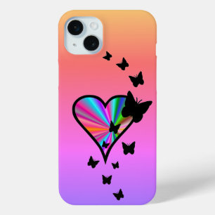 Funda Para iPhone 15 Mini Corazón arcoiris y mariposa