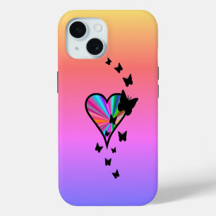 Funda Para iPhone 15 Corazón arcoiris y mariposa