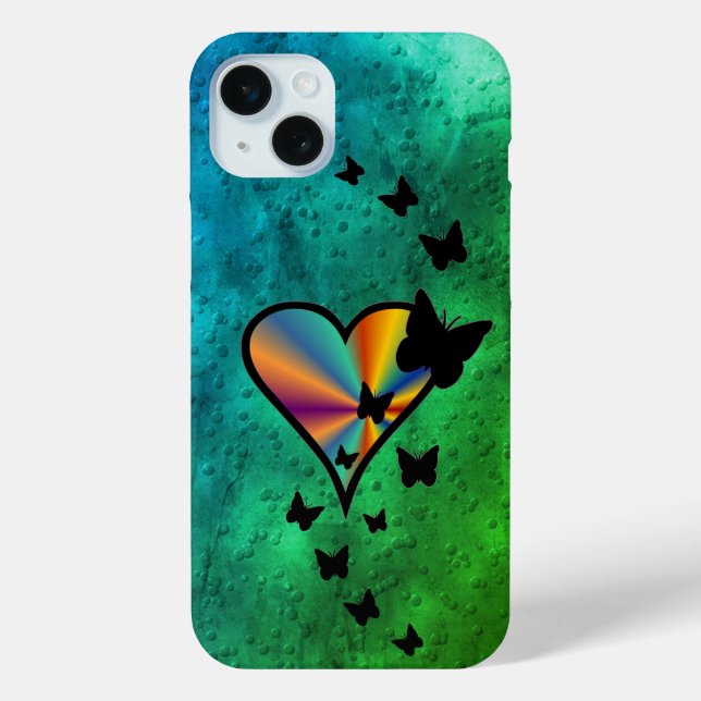 Funda De Case-Mate Para iPhone Corazón arcoiris y mariposa (Reverso )