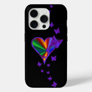 Funda Para iPhone 15 Pro Corazón arcoiris y mariposa