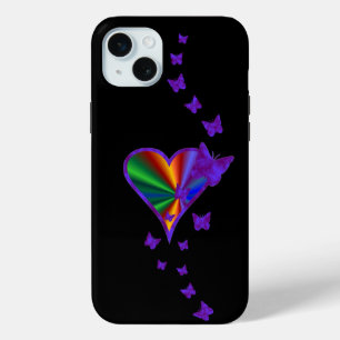Funda Para iPhone 15 Mini Corazón arcoiris y mariposa