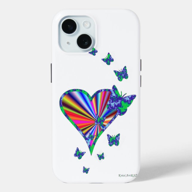 Funda De Case-Mate Para iPhone Corazón arcoiris y mariposa (Reverso )