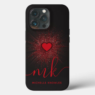 Funda Para iPhone 13 Pro Corazón Ardiente Monograma Personalizado y Nombre