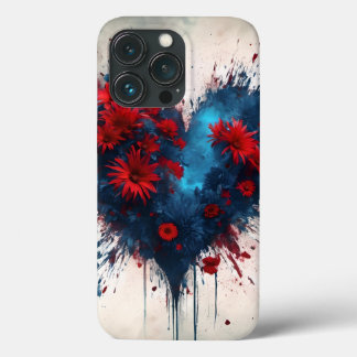 Funda Para iPhone 13 Pro Corazón azul en llamas con flores rojas