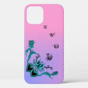 Funda Para iPhone 12 Corazón con flores y mariposa en arcoiris rosa