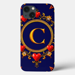 Funda Para iPhone 13 Corazón con Marco de Monograma C Dorado Elegante A