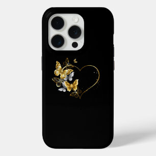 Funda Para iPhone 15 Pro Corazón con mariposas doradas