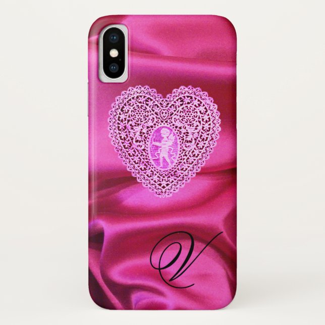 FUNDA DE Case-Mate PARA iPhone CORAZÓN CUPIDO LACE CORAZÓN SEDA ROSA FUCHSIA ROPA (Reverso)