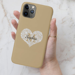 Funda Para iPhone 11 Pro Corazón de diamante grande, monograma de oro, nomb