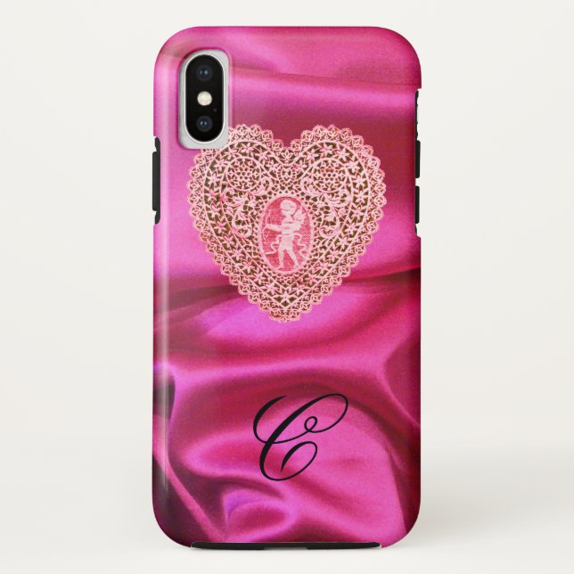 Funda De Case-Mate Para iPhone CORAZÓN DE ENCAJE CUPIDO DE SEDA ROSA FUCsia MONOG (Reverso)