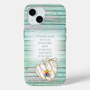 Funda Para iPhone 15 Corazón de madera verde falso lindo arcoíris abeja