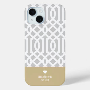 Funda Para iPhone 15 Corazón de Trellis Monograma Gris y Dorado