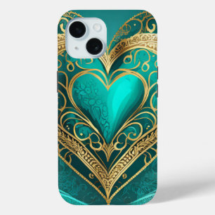 Funda Para iPhone 15 Corazón dorado verde teñido