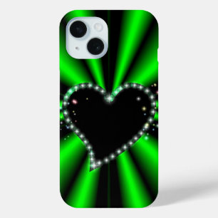 Funda Para iPhone 15 Corazón negro con estrellas en arcoiris verde