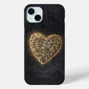 Funda Para iPhone 15 Mini Corazón Purpurina de oro sobre textura negra