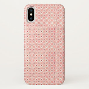 Funda Para iPhone X Corazón Rojo De Copo De Nieve En Patrón Rosa Retro