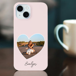 Funda Para iPhone 15 Corazón Rosa Amor Foto Nombre Personalizado con Es