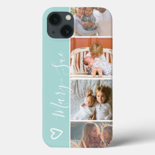 Funda Para iPhone 13 Corazón verde azulado moderno de niñas 4 cuadrícul