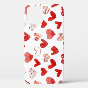 Funda Para iPhone 12 Corazones de amor rojos, patrón de acuarela.