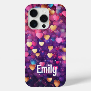 Funda Para iPhone 15 Pro Corazones de Color Romántico Nombre Rosa Purpura D