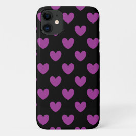Funda Para iPhone 11 Corazones de lunares morados sobre negro