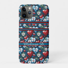 Funda Para iPhone 11 Pro Corazones de Navidades florales en azul rojo y ver