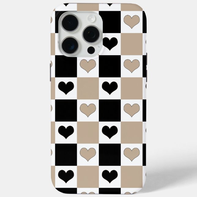 Funda De Case-Mate Para iPhone Corazones de tablero de ajedrez en taupe, negro y  (Reverso )