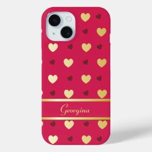 Funda Para iPhone 15 Corazones personalizados del oro en Cerise