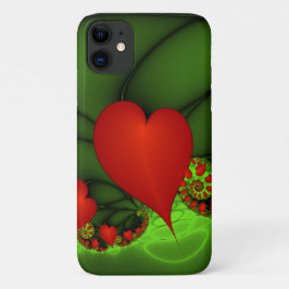 Funda Para iPhone 11 Corazones rojos animan el arte fractal verde moder