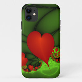 Funda Para iPhone 11 Corazones rojos animan el arte fractal verde moder