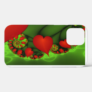 Funda Para iPhone 12 Corazones rojos animan el arte fractal verde moder