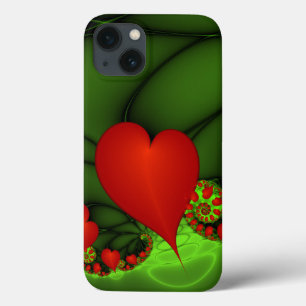 Funda Para iPhone 13 Corazones rojos animan el arte fractal verde moder
