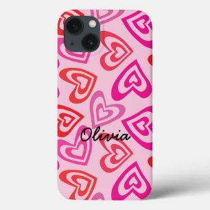 Funda Para iPhone 13 Corazones rojos y rosados psicodélicos nombre 