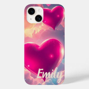 Funda Para iPhone 14 De Case-Mate Corazones rosados flotando cielos dorados