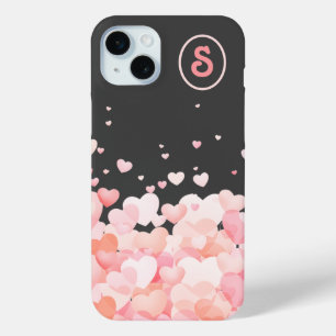Funda Para iPhone 15 Mini Corazones rosados flotando en gris oscuro con mono