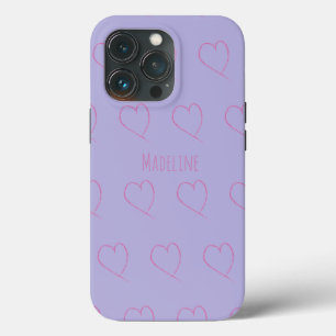 Funda Para iPhone 13 Pro Corazones Simple Dibujado a Mano Garabato Rosa Púr