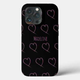 Funda Para iPhone 13 Pro Corazones Simple Dibujo Mano Garabato Rosa Negro