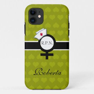 Funda Para iPhone 11 Corazones verdes+Rótulo femenino+Casquillo/nombre