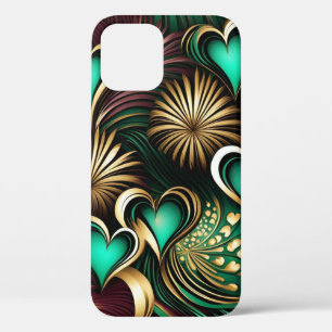 Funda Para iPhone 12 Corazones y fuegos artificiales Oro Verde azulado 