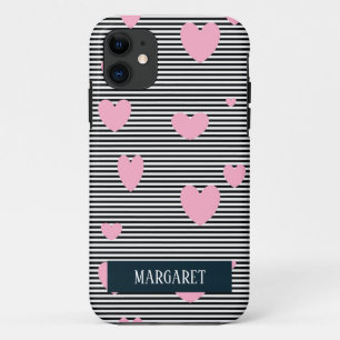 Funda Para iPhone 11 Corazones y rayas rosadas personalizadas