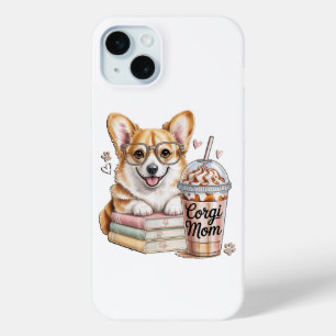 Funda Para iPhone 15 Mini Corgis Libros y Café Helado para Perro