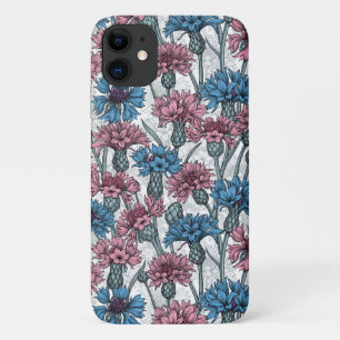 Funda Para iPhone 11 Cornflores rosas y azules, flores silvestres en bl