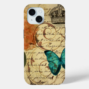 Funda Para iPhone 15 corona arte botánico francés mariposa hidrangea
