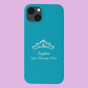 Funda Para iPhone 13 Corona de diamantes, Nombre, Tu mensaje, Verde azu
