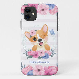 Funda Para iPhone 11 Corona de flores de perro Corgi lindo Mariposa azu