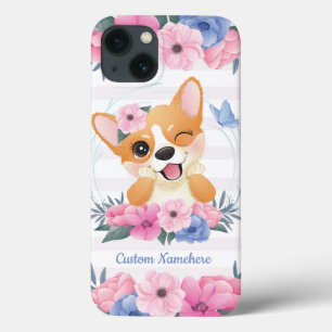 Funda Para iPhone 13 Corona de flores de perro Corgi lindo Mariposa azu