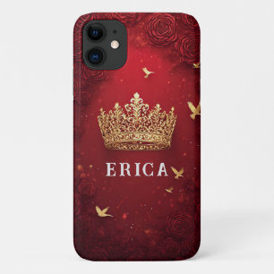 Funda Para iPhone 11 Corona dorada de fondo rojo rodeada de Rosas