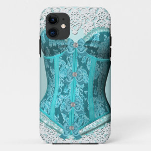 Funda Para iPhone 11 Corsé azul turquesa blanco encaje damasco floral