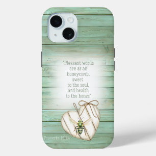 Funda Para iPhone 15 Cottagecore Corazón de Madera Verde Falso Abeja Ve