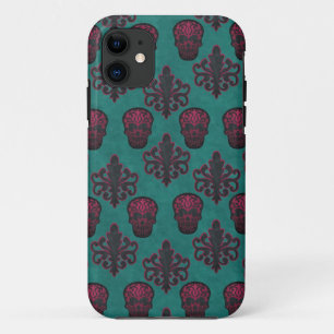 FUNDA PARA iPhone 11 CRÁNEO DAMASCO ROSA FUCSIA SOBRE TURQUESA